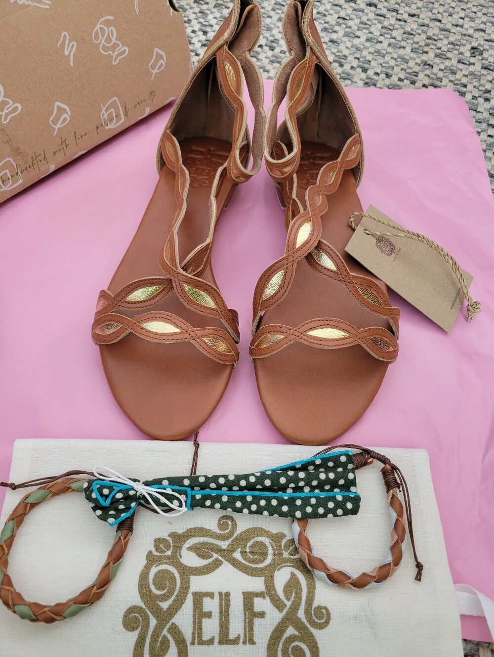 Elf’s Brown And Gold Leather Scalloped Strap Sandals With All Pictured